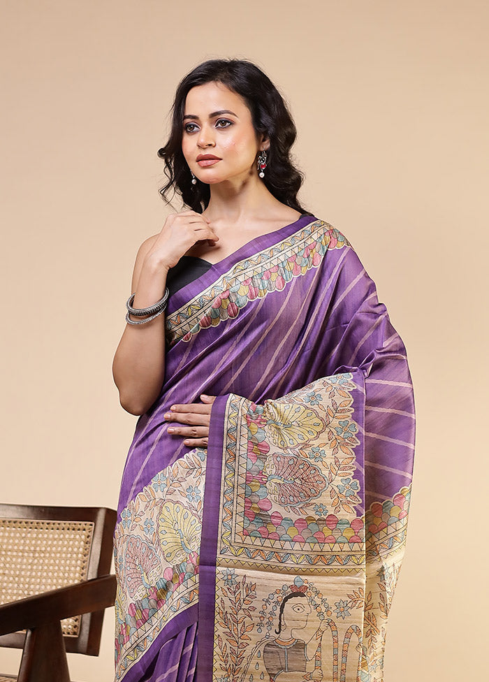 Purple Tussar Silk Saree With Blouse Piece