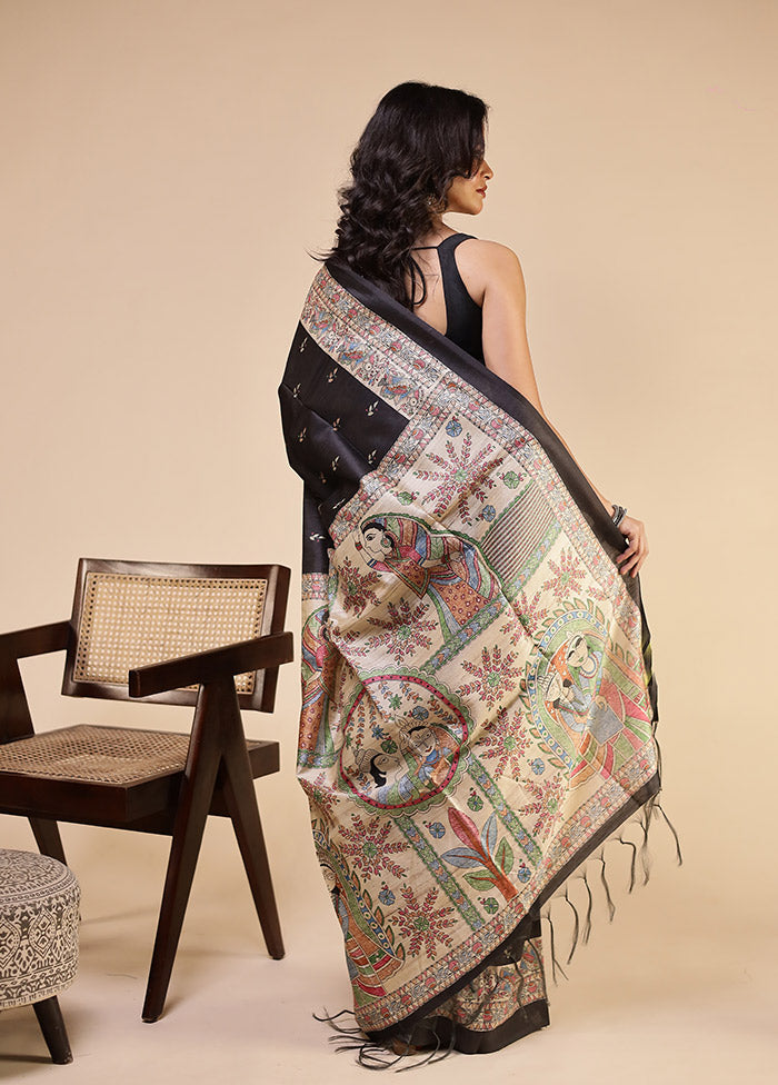 Black Tussar Silk Saree With Blouse Piece