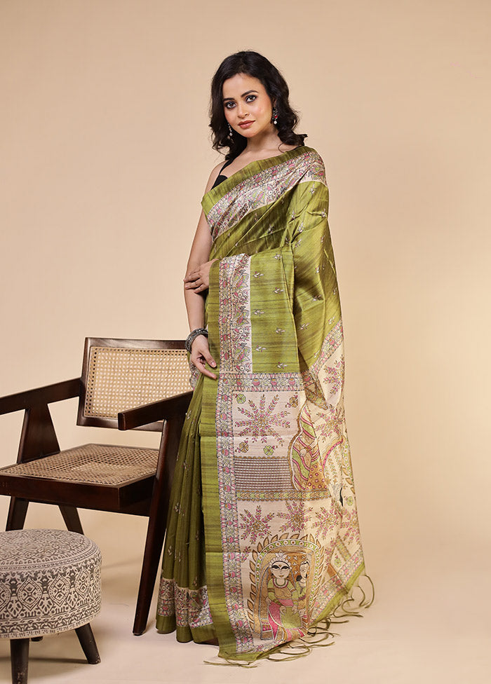 Green Tussar Silk Saree With Blouse Piece