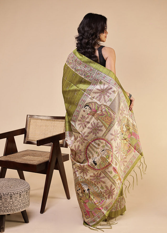 Green Tussar Silk Saree With Blouse Piece