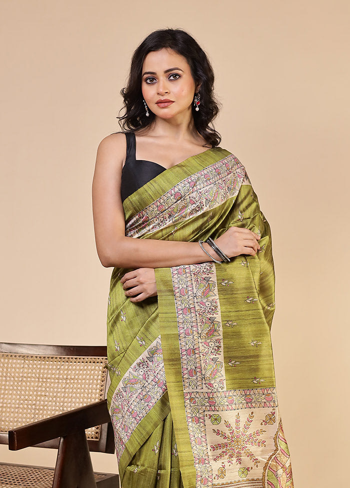 Green Tussar Silk Saree With Blouse Piece