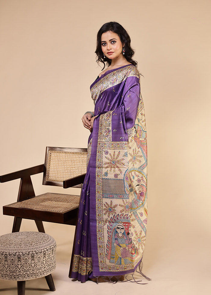 Purple Tussar Silk Saree With Blouse Piece