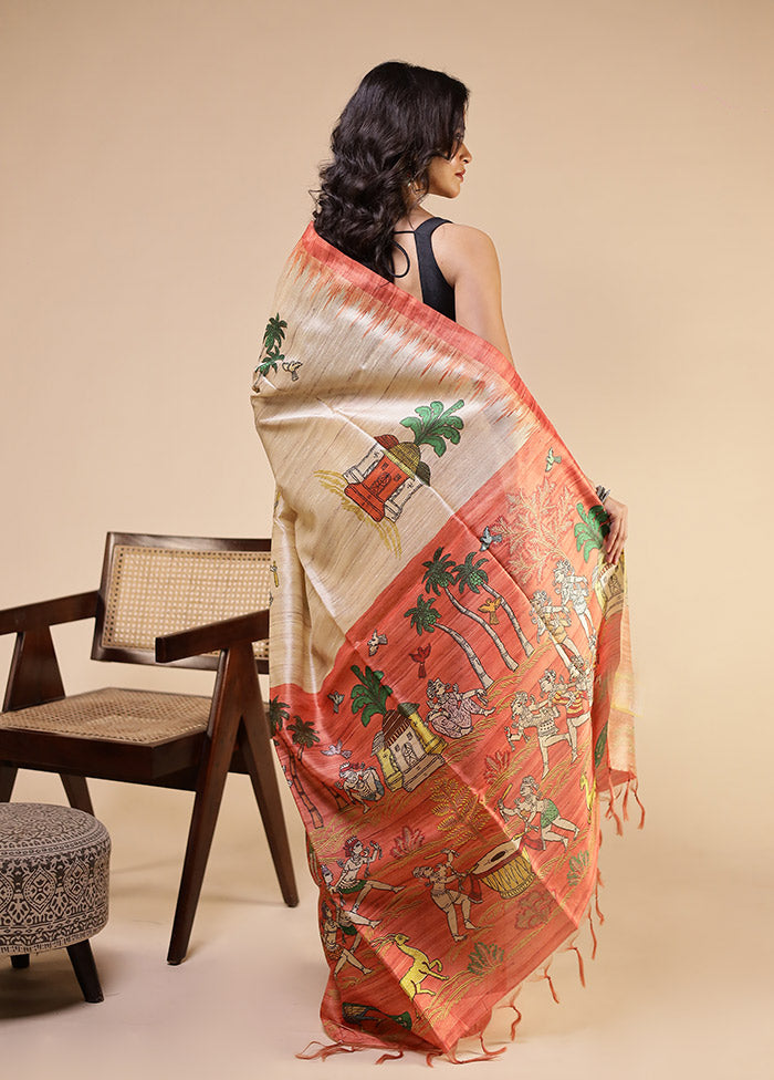 Cream Tussar Silk Saree With Blouse Piece