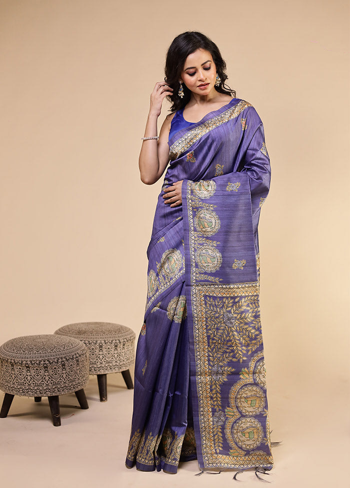 Purple Tussar Silk Saree With Blouse Piece