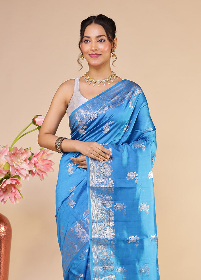 Blue Handloom Dupion Pure Silk Saree With Blouse Piece