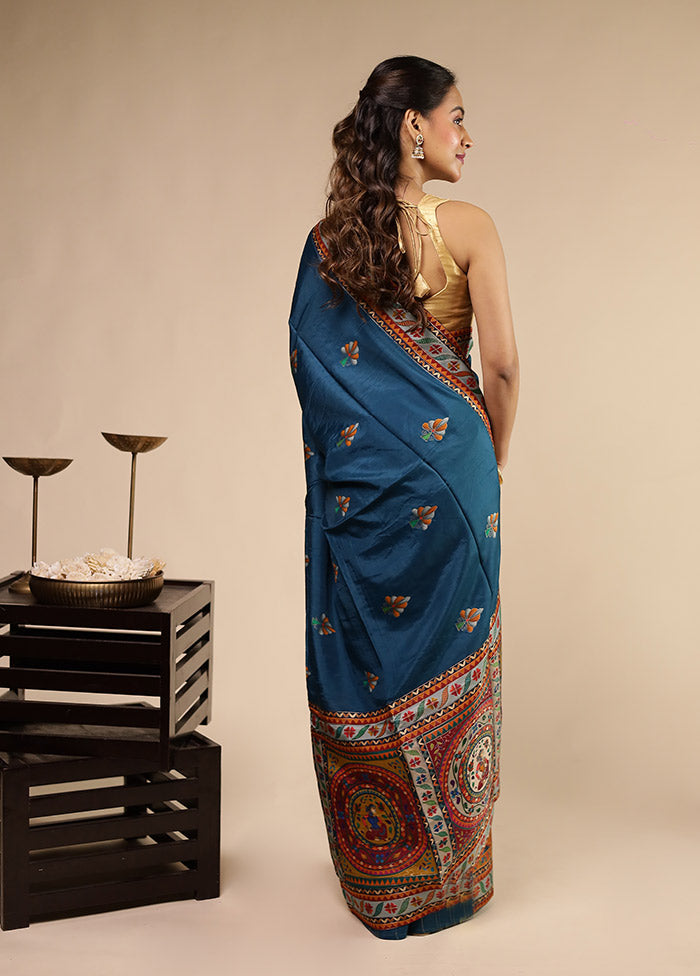Blue Dupion Silk Saree With Blouse Piece