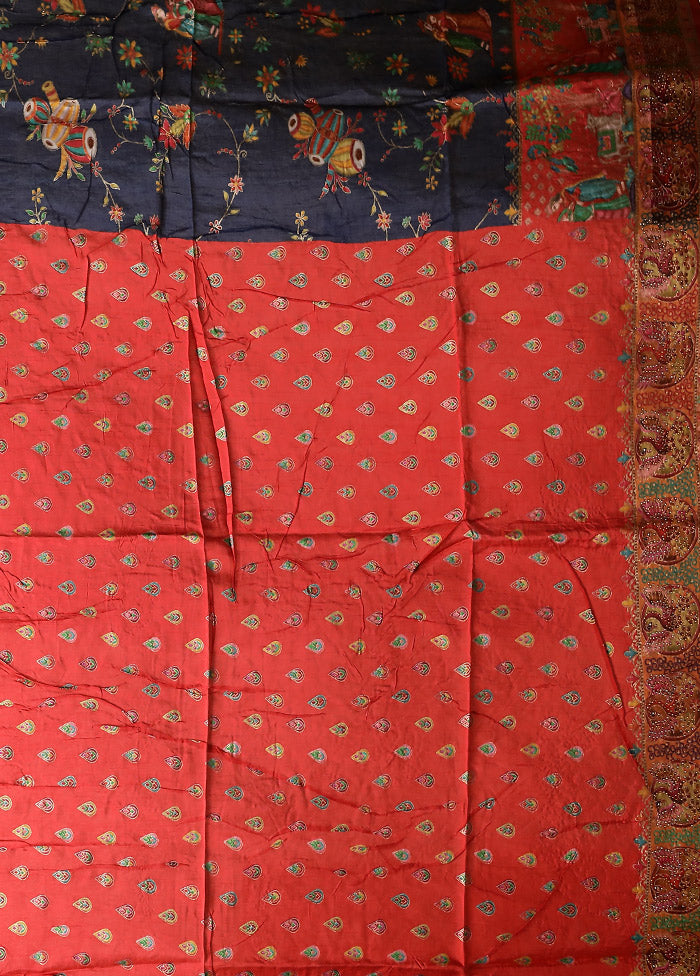 Blue Dupion Silk Saree With Blouse Piece