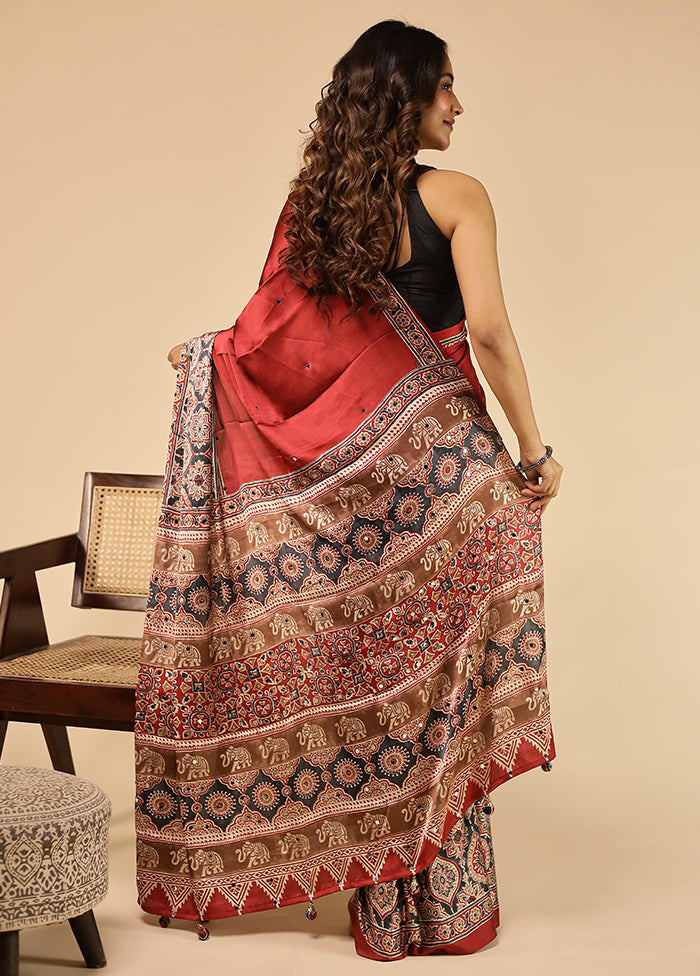 Red Printed Silk Saree Without Blouse Piece