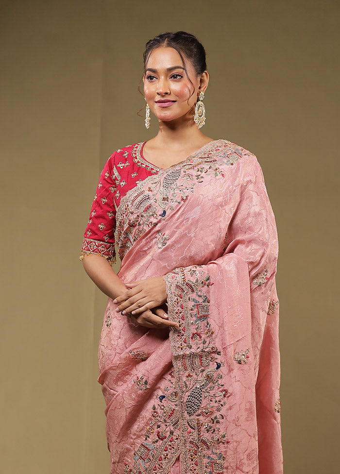 Pink Handloom Pure Georgette Saree With Blouse Piece