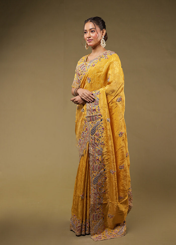 Yellow Handloom Pure Georgette Saree With Blouse Piece