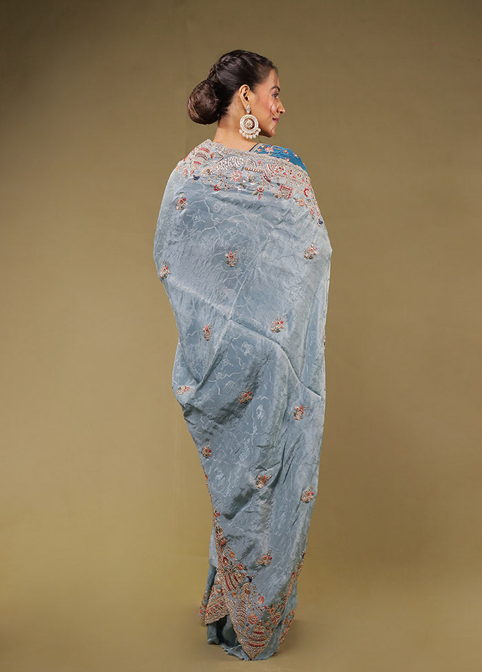Blue Handloom Pure Georgette Saree With Blouse Piece