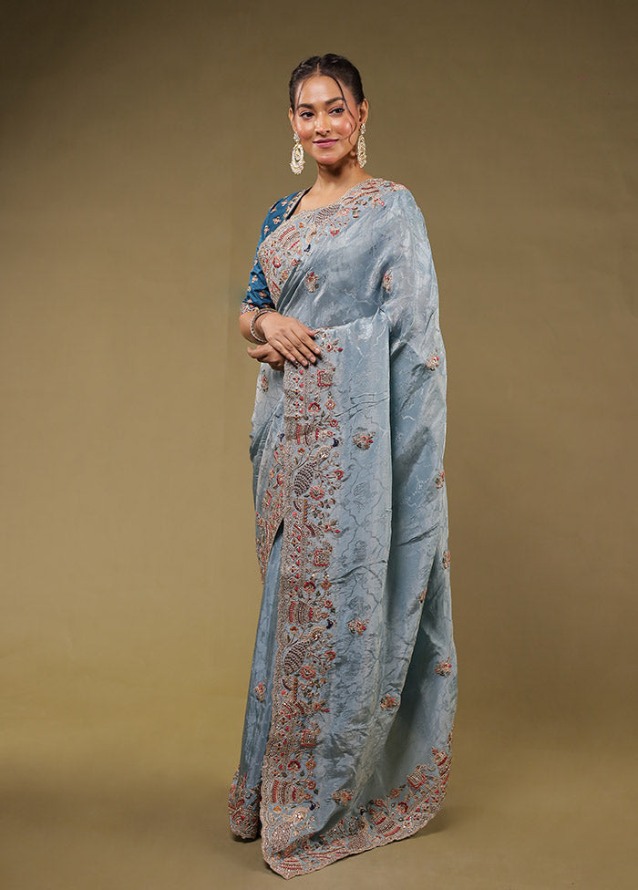 Blue Handloom Pure Georgette Saree With Blouse Piece