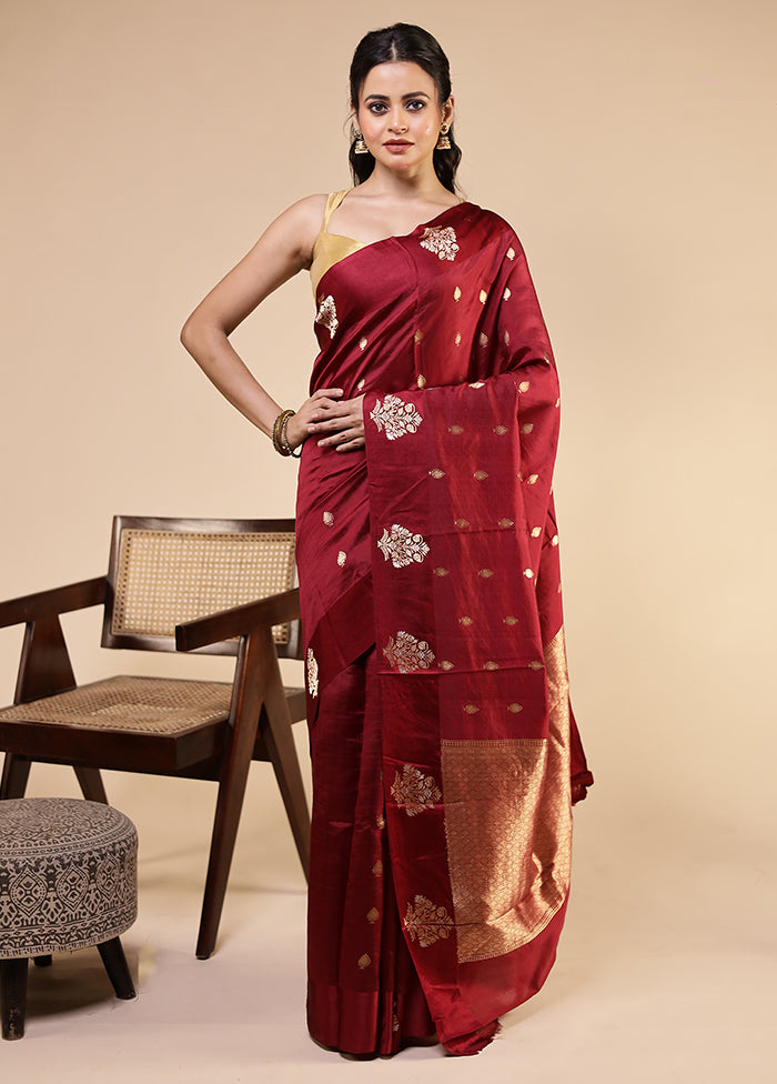 Maroon Handloom Katan Pure Silk Saree With Blouse Piece
