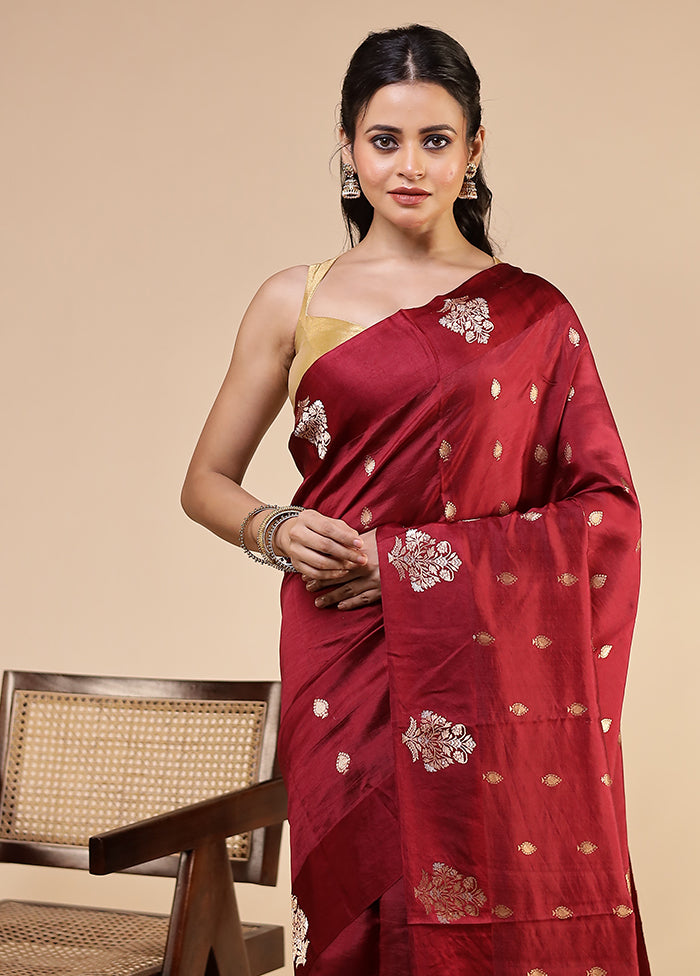 Maroon Handloom Katan Pure Silk Saree With Blouse Piece