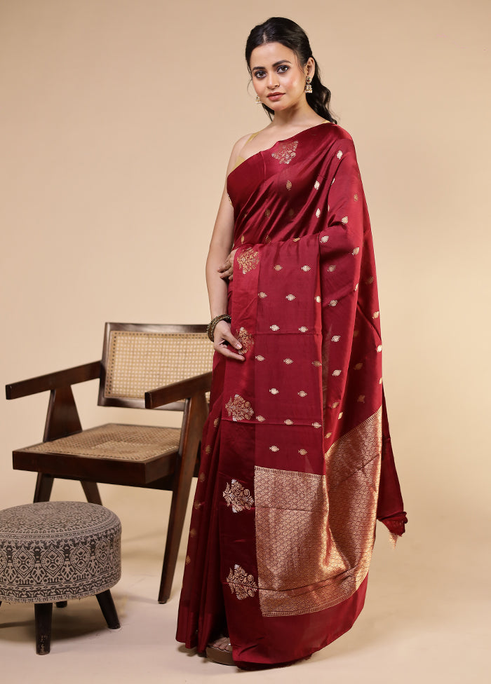 Maroon Handloom Katan Pure Silk Saree With Blouse Piece