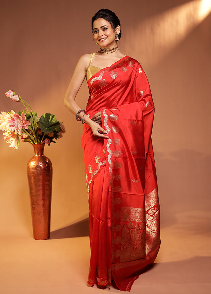 Red Handloom Katan Pure Silk Saree With Blouse Piece