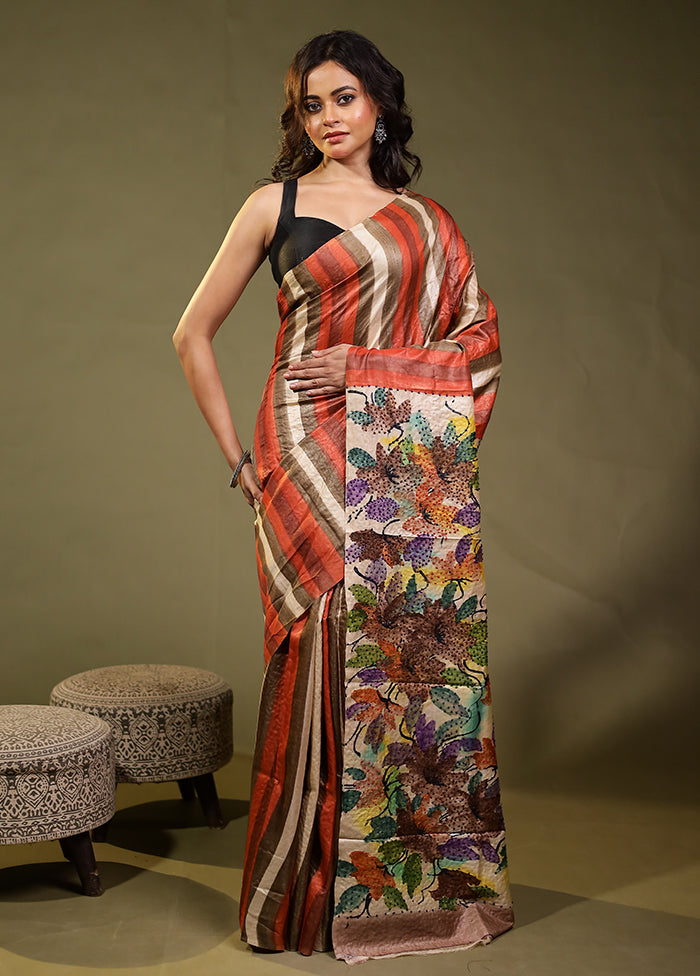 Multicolor Handloom Tussar Pure Silk Saree With Blouse Piece