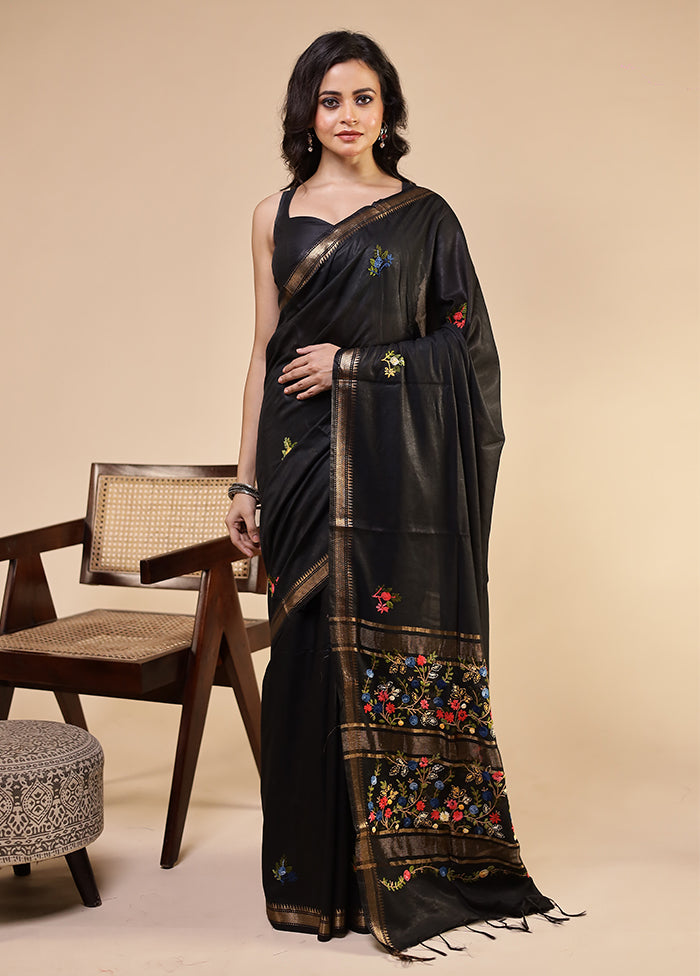 Black Tussar Silk Saree With Blouse Piece