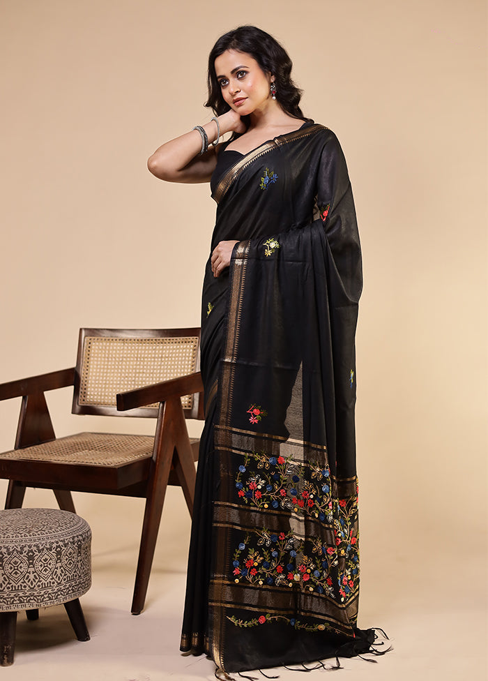 Black Tussar Silk Saree With Blouse Piece