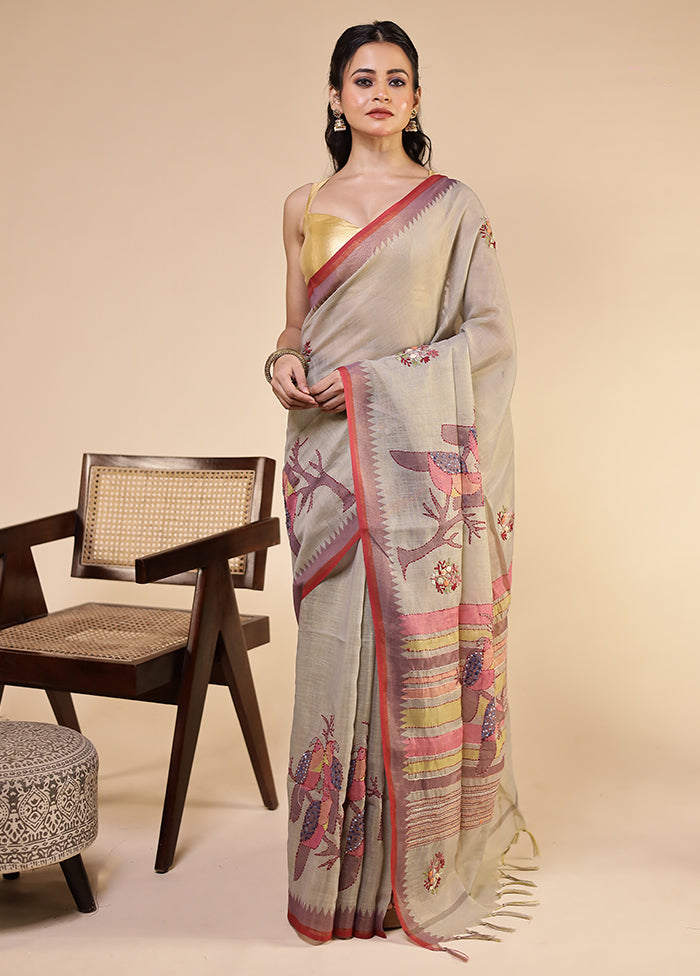 Grey Linen Silk Saree With Blouse Piece