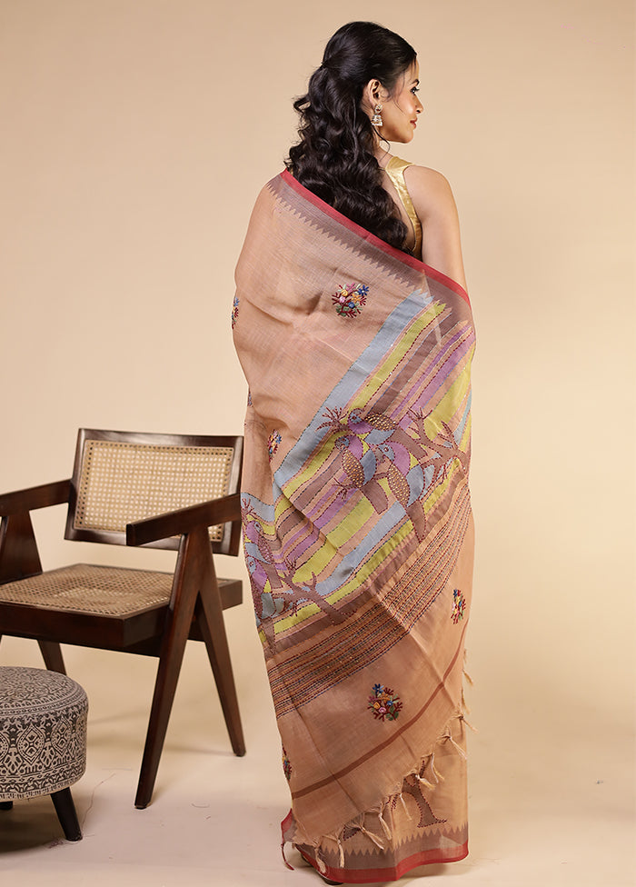 Peach Linen Silk Saree With Blouse Piece
