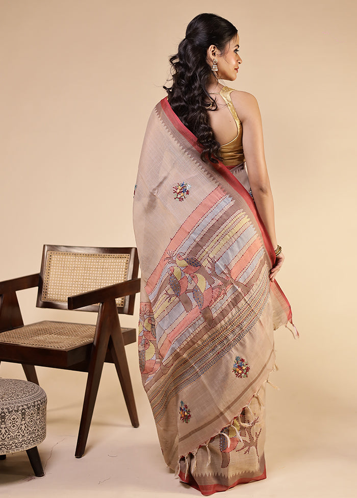 Cream Linen Silk Saree With Blouse Piece