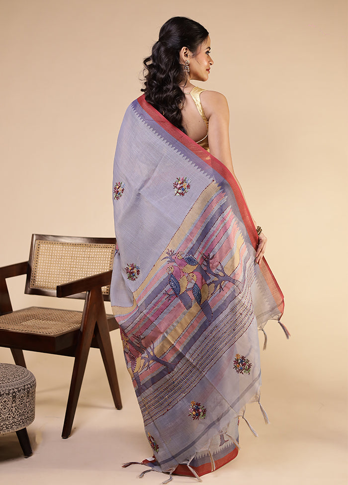 Blue Linen Silk Saree With Blouse Piece