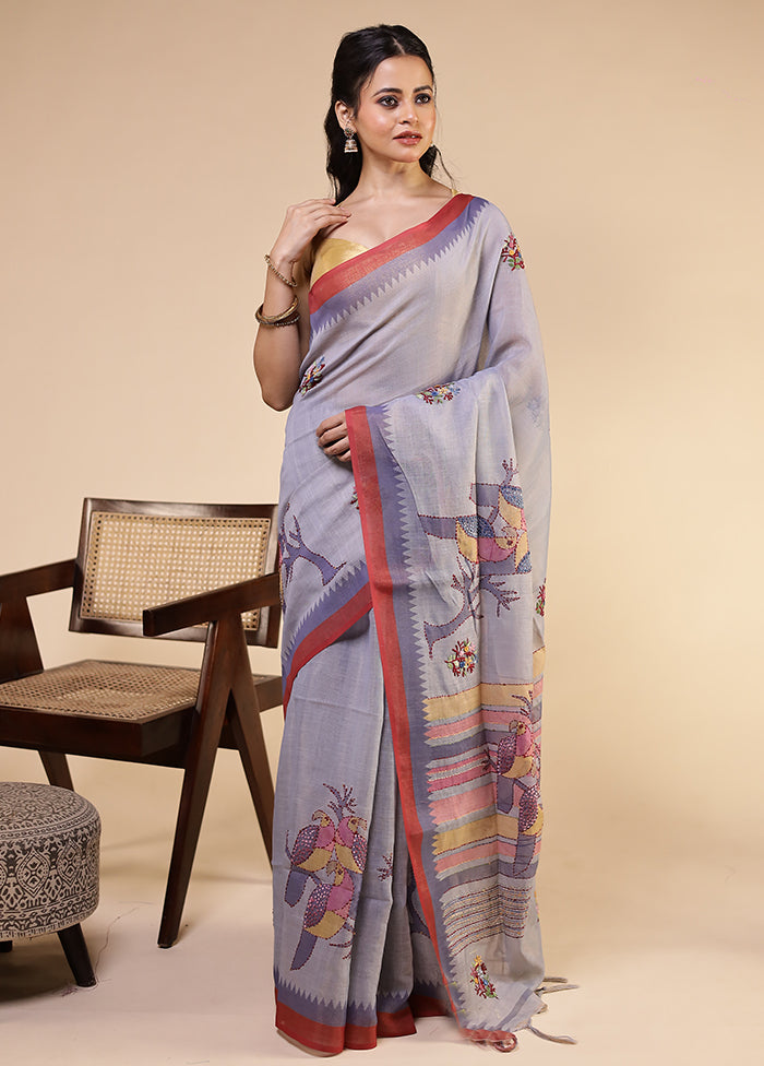 Blue Linen Silk Saree With Blouse Piece