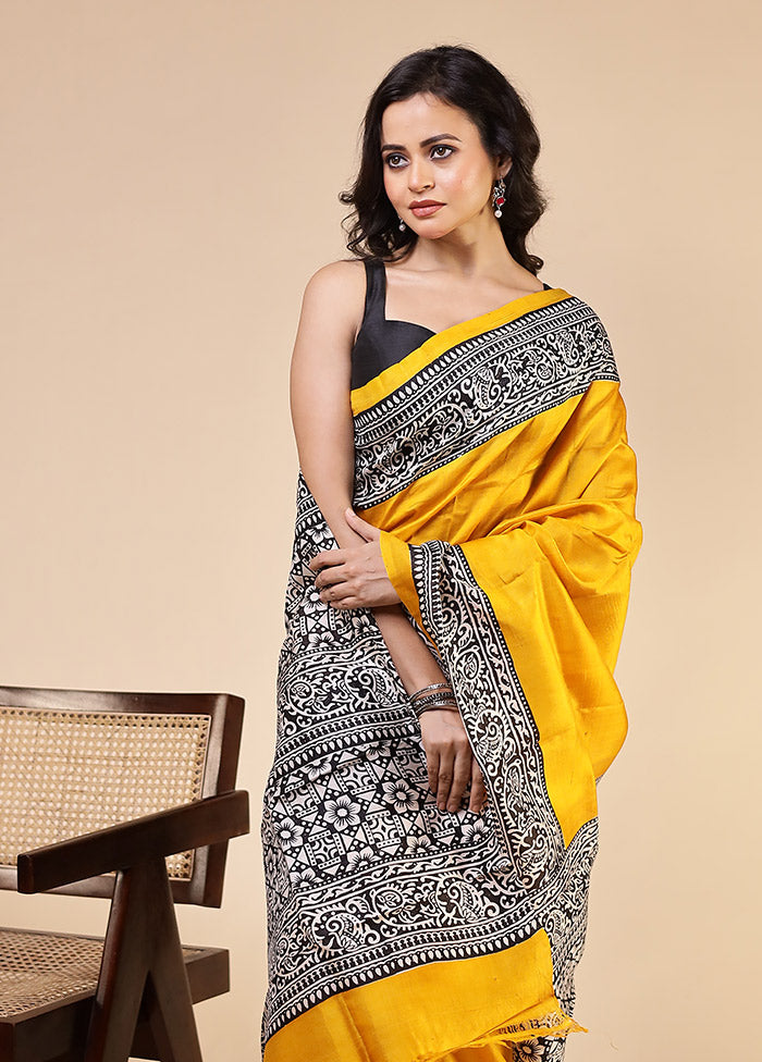 Yellow Printed Pure Silk Saree Without Blouse Piece