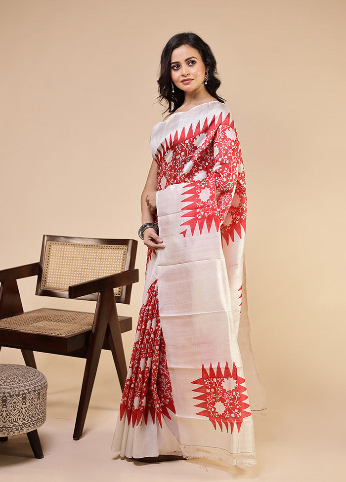 White Printed Pure Silk Saree Without Blouse Piece