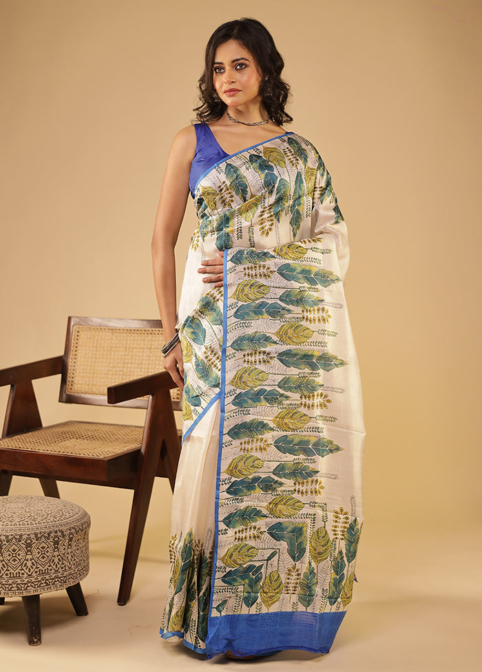 White Printed Pure Silk Saree Without Blouse Piece