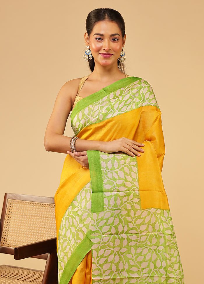 Yellow Handloom Tussar Pure Silk Saree With Blouse Piece