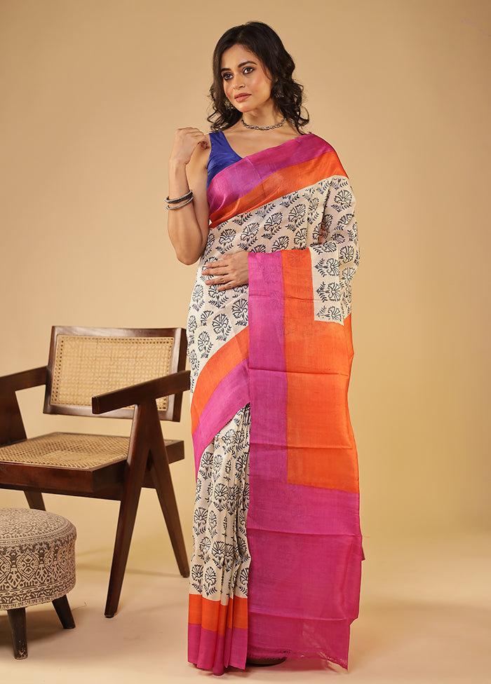 Cream Handloom Tussar Pure Silk Saree With Blouse Piece