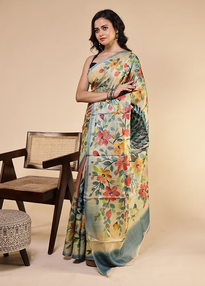 Multicolor Handloom Tussar Pure Silk Saree With Blouse Piece