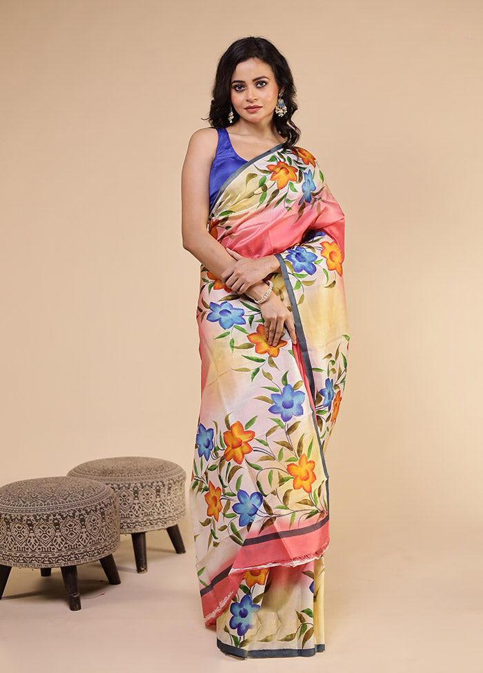 Pink Printed Pure Silk Saree Without Blouse Piece