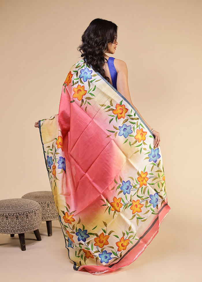 Pink Printed Pure Silk Saree Without Blouse Piece
