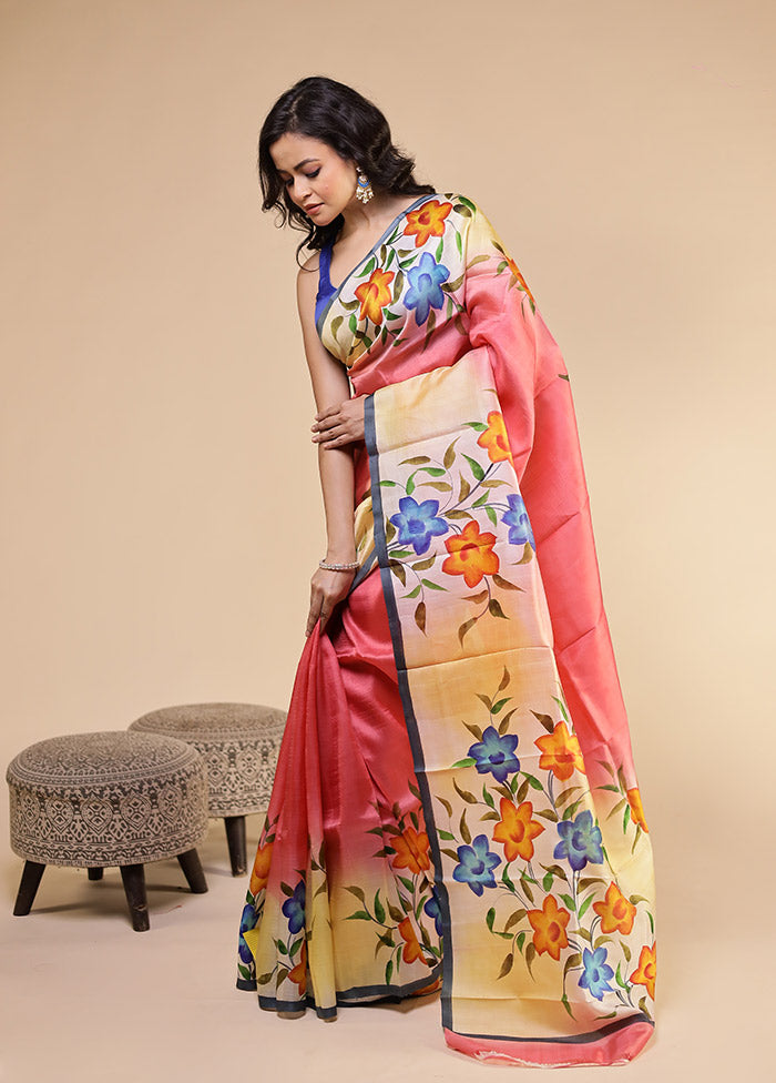 Pink Printed Pure Silk Saree Without Blouse Piece