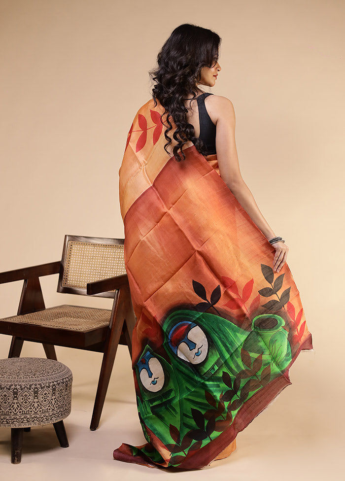 Peach Printed Pure Silk Saree Without Blouse Piece