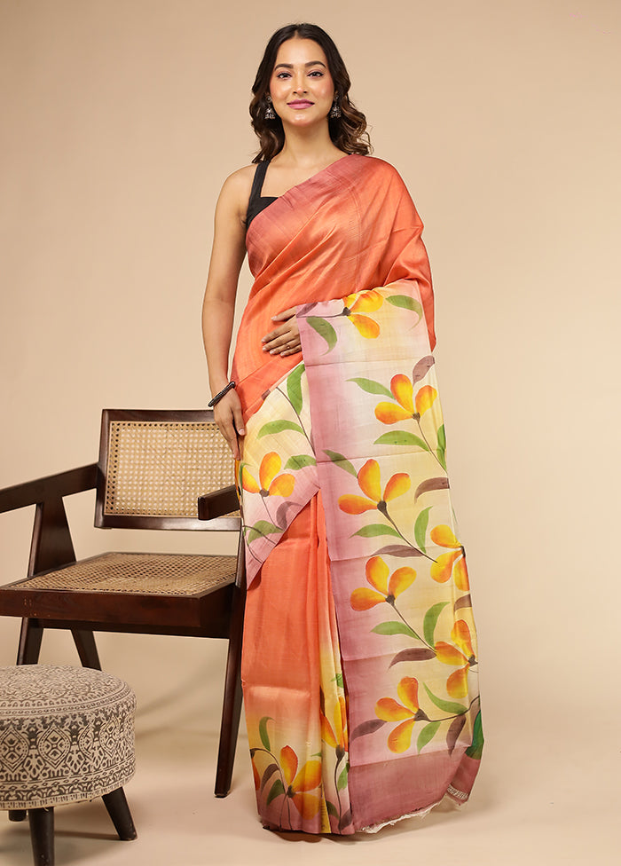 Orange Printed Pure Silk Saree Without Blouse Piece