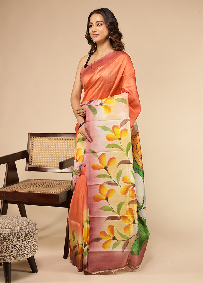 Orange Printed Pure Silk Saree Without Blouse Piece