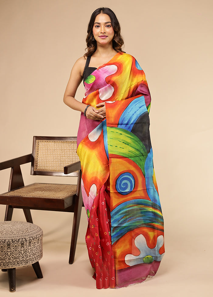 Orange Printed Pure Silk Saree Without Blouse Piece