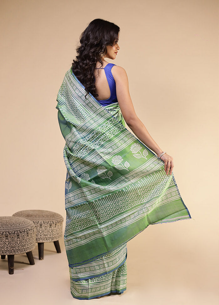 Green Printed Pure Silk Saree Without Blouse Piece