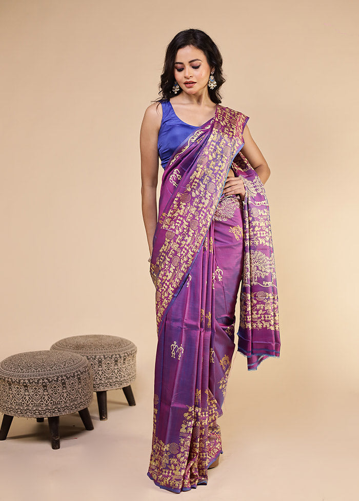 Purple Printed Pure Silk Saree Without Blouse Piece