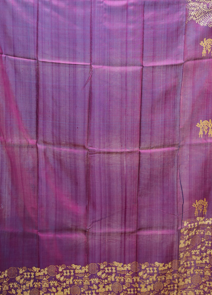 Purple Printed Pure Silk Saree Without Blouse Piece