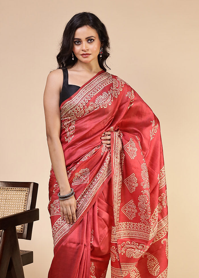 Red Printed Pure Silk Saree Without Blouse Piece