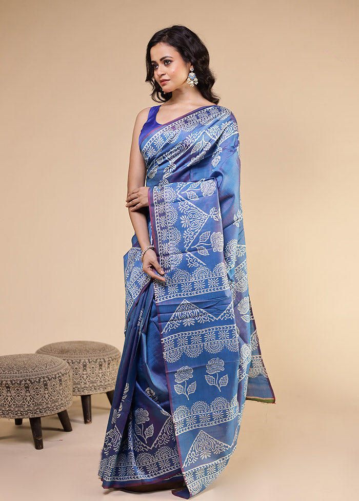 Blue Printed Pure Silk Saree Without Blouse Piece