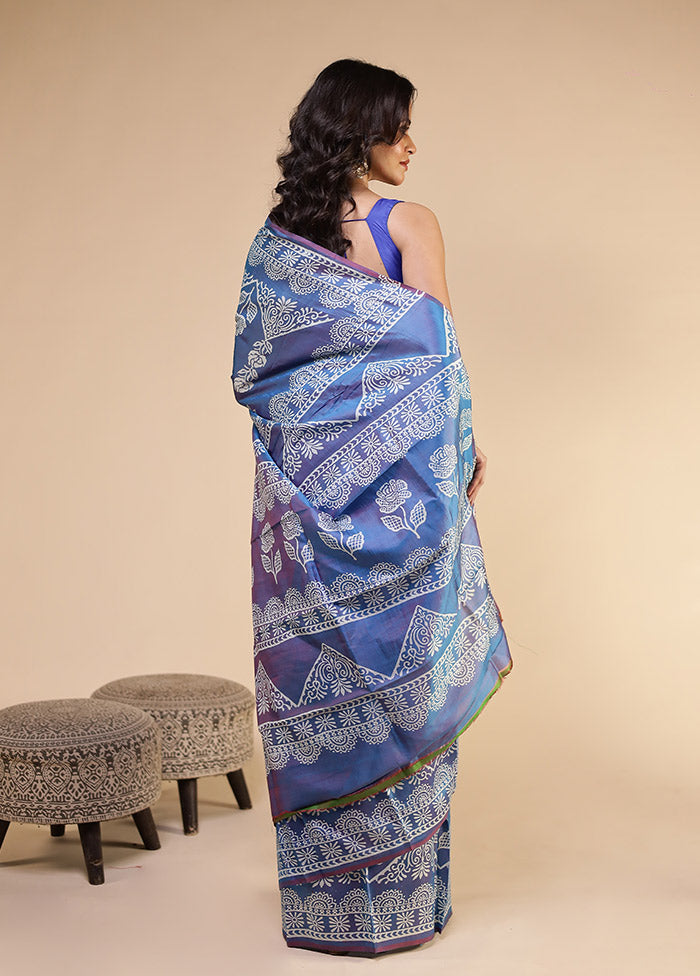 Blue Printed Pure Silk Saree Without Blouse Piece