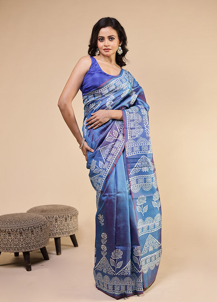 Blue Printed Pure Silk Saree Without Blouse Piece