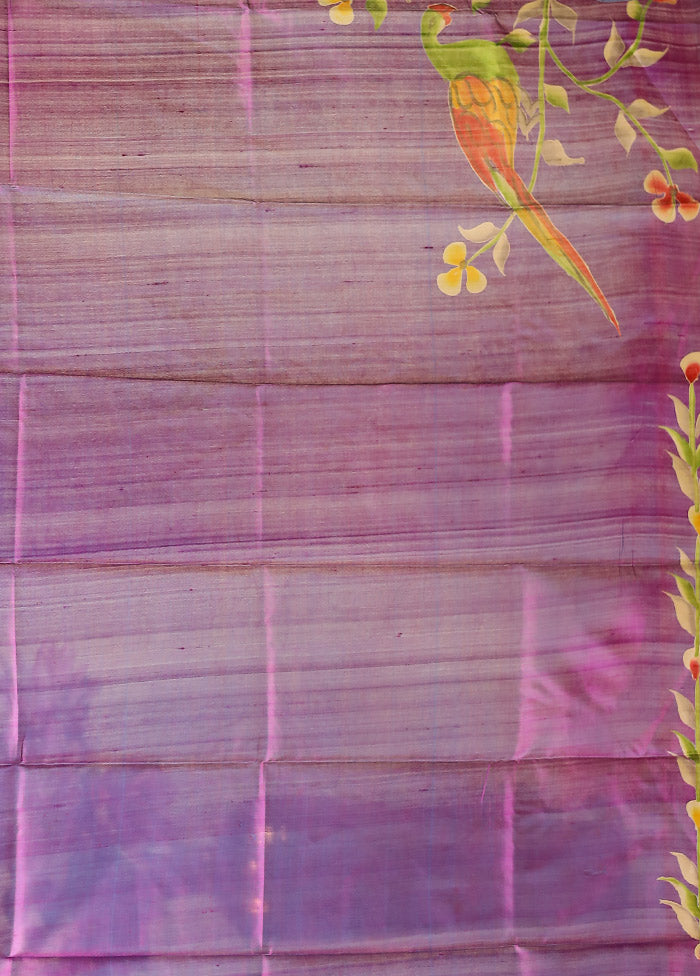 Purple Printed Pure Silk Saree Without Blouse Piece