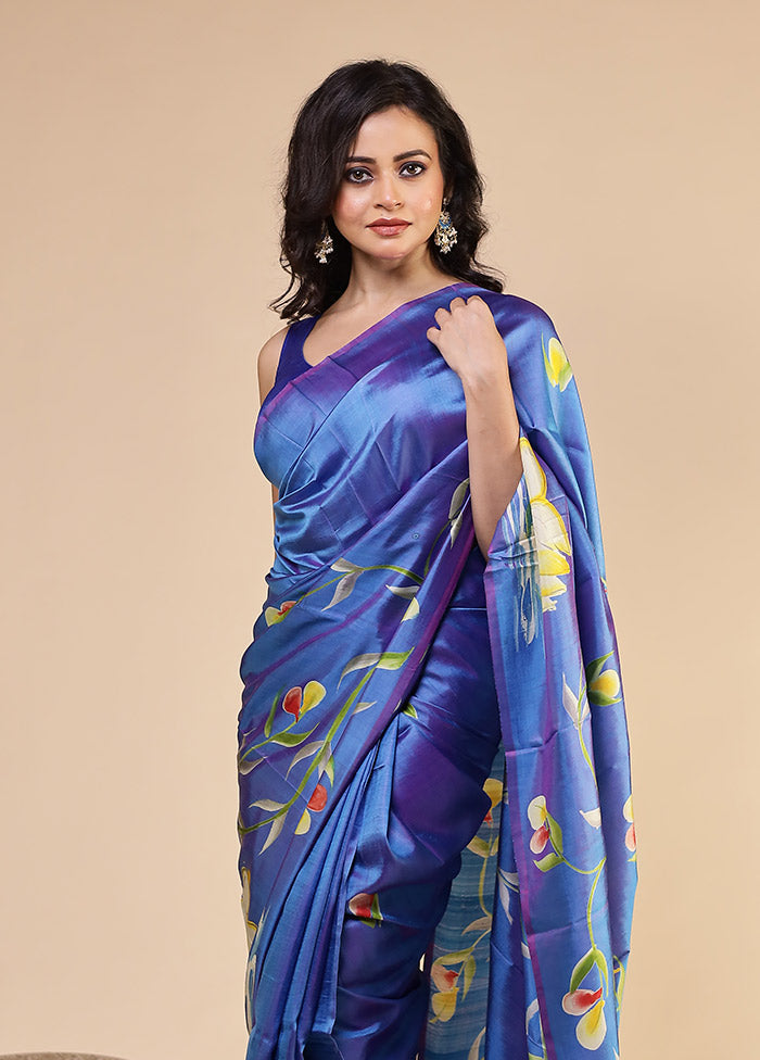 Blue Printed Pure Silk Saree Without Blouse Piece